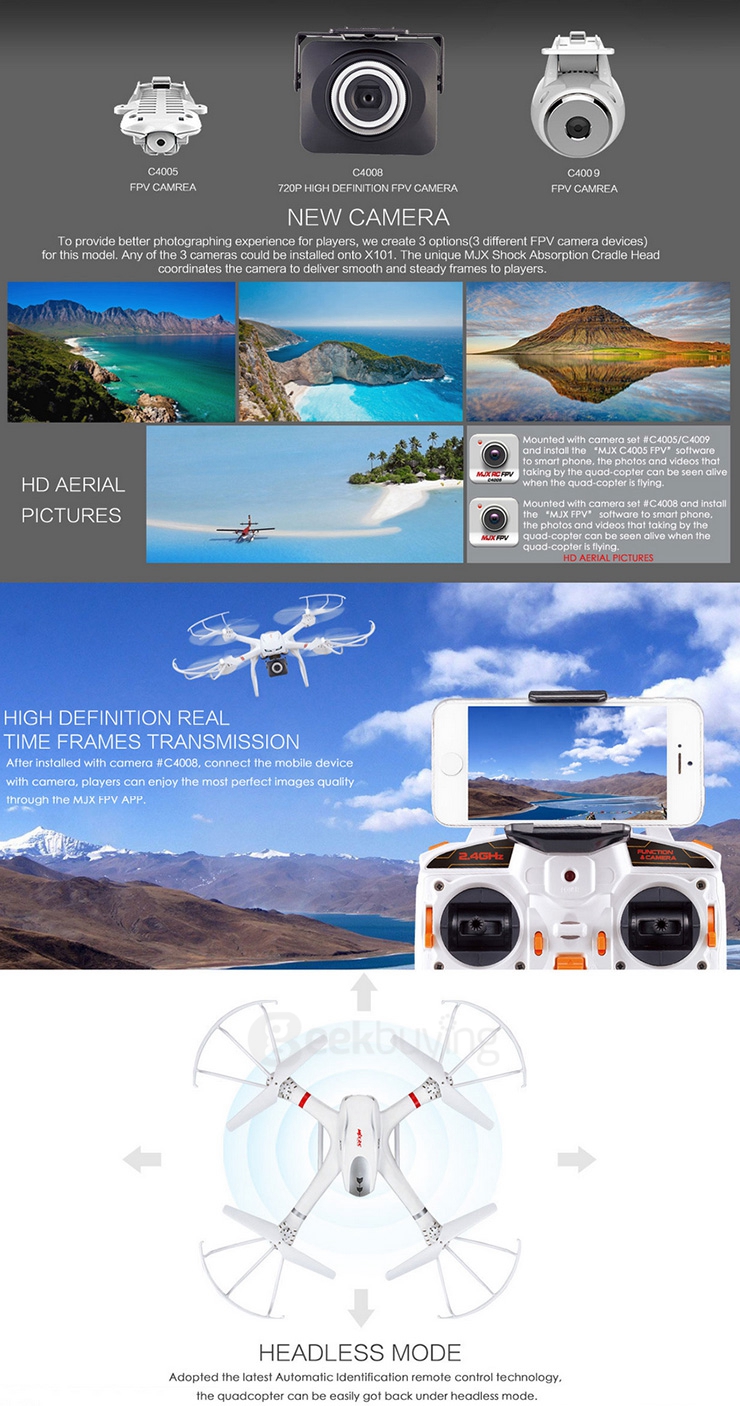 MJX X101 FPV Quadcopter 2.4G 4CH 6 Axis Gyro RC Drone With Headless Mode One key To Return RTF - White