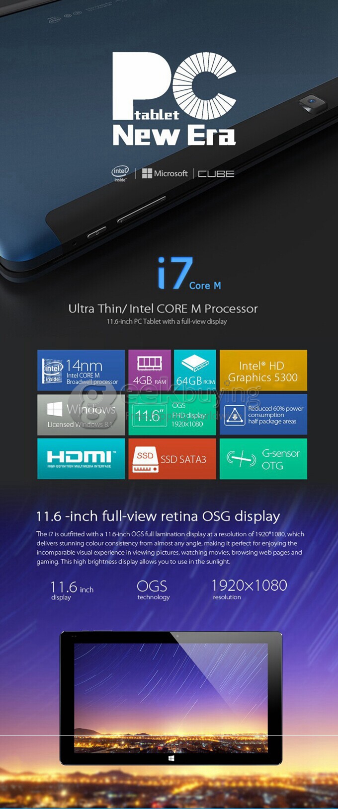 CUBE i7 3G Windows8.1 4GB/64GB 11.6 Inch Tablet PC Intel Core M-5Y10C Dual Core 2.0GHz 1920*1080 New Era Licensed Windows PC - Black+Blue