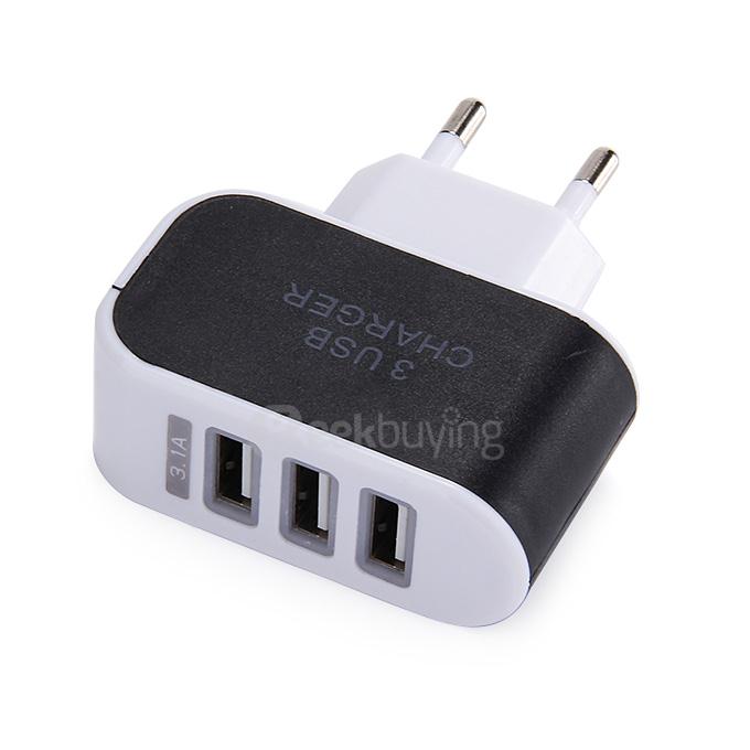 3 Ports USB AC Charger Adapter With LED EU Plug - Black