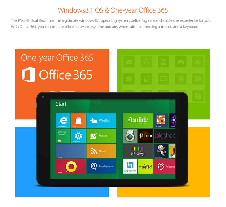 Cube iWork8 Dual Boot Windows10 & Android4.4 2GB/32GB 8 Inch Tablet PC Intel Z3735F Quad Core 1.83GHz IPS 1280*800 HDMI WiFi - Black