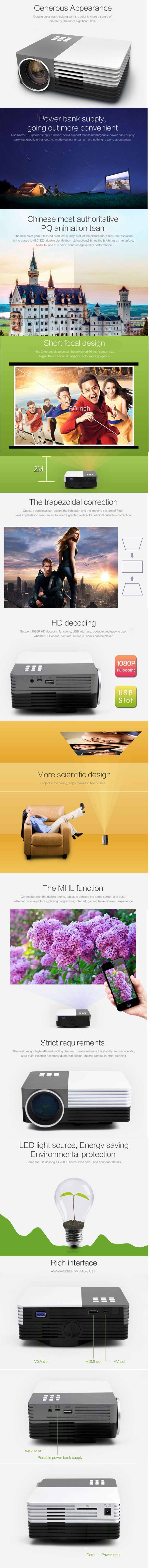 H50 1080P LED Projector 480*320 80LM Home Theater HDMI USB SD VGA Input MHL - White + Black