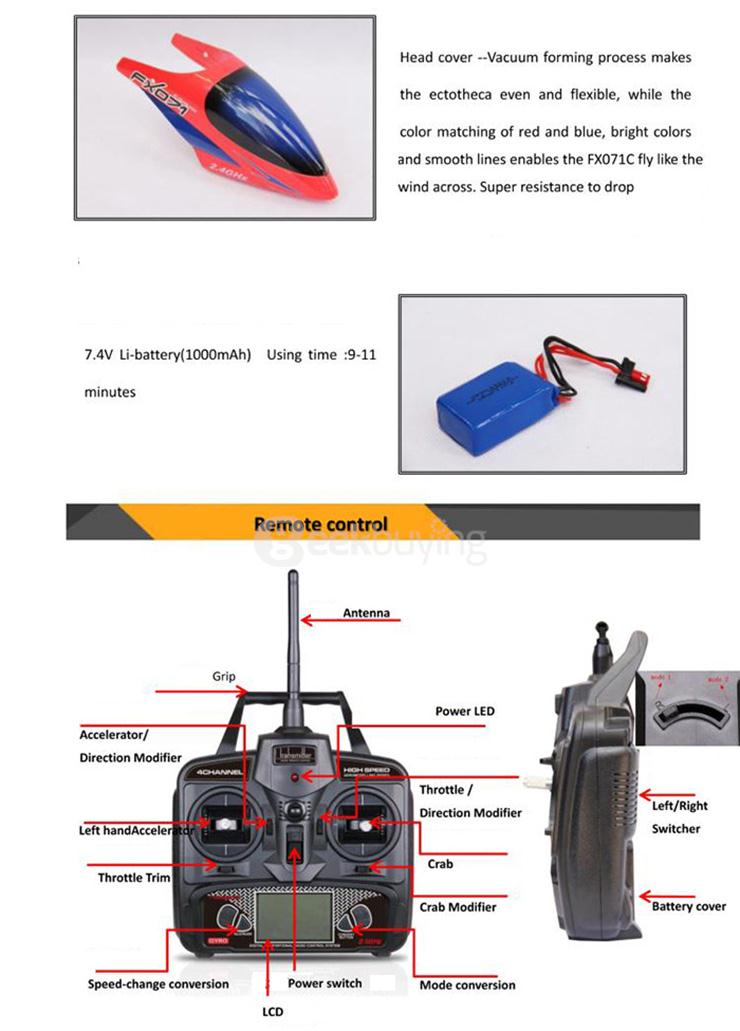 FX071C 2.4G 4CH 6-Axis Gyro Flybarless RC Helicopter