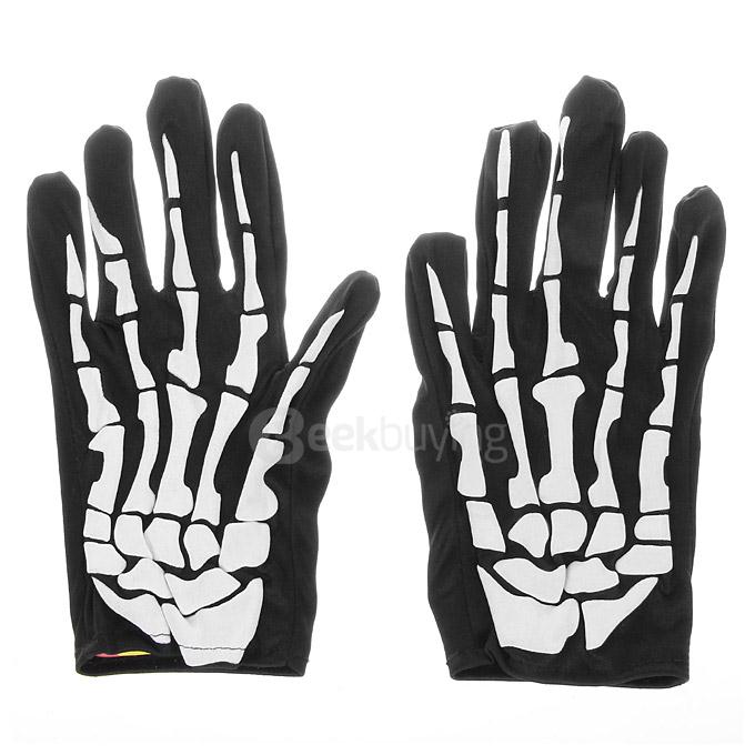 Adult Halloween Fancy Dress 3D Skeleton Bones Gloves - Black + White