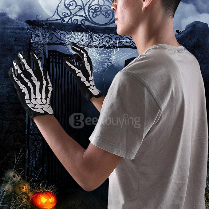 Adult Halloween Fancy Dress 3D Skeleton Bones Gloves - Black + White