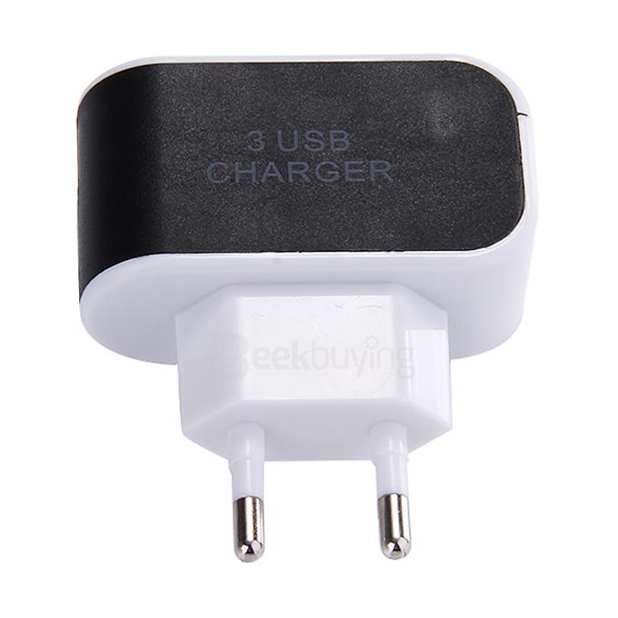 3 Ports USB AC Charger Adapter With LED EU Plug - Black