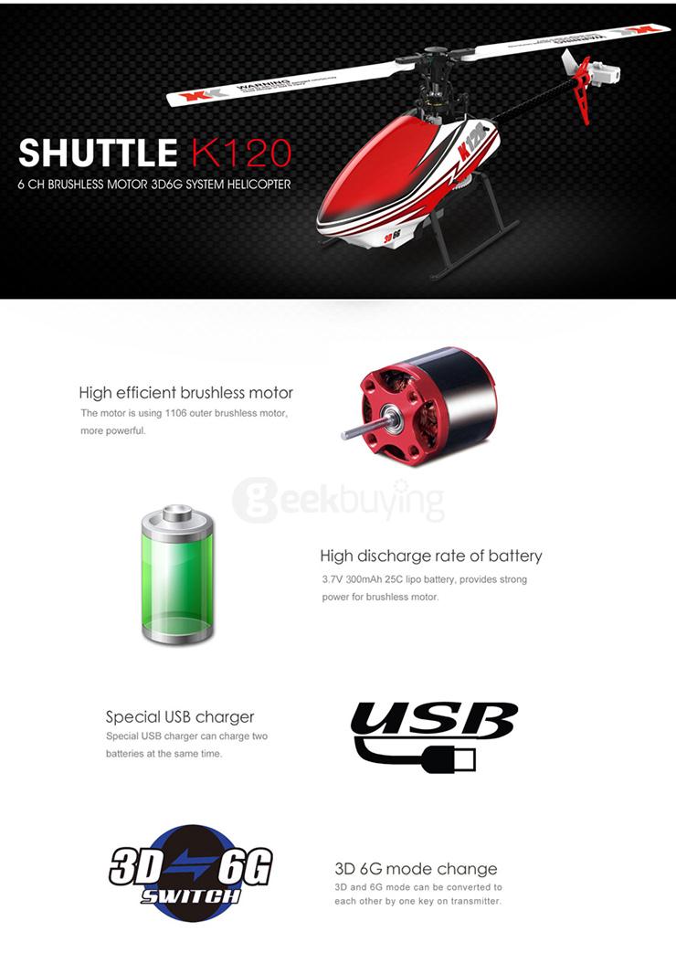XK K120 Shuttle 6CH RC Helicopter Brushless 3D 6G System Inverted Flight Copter RTF