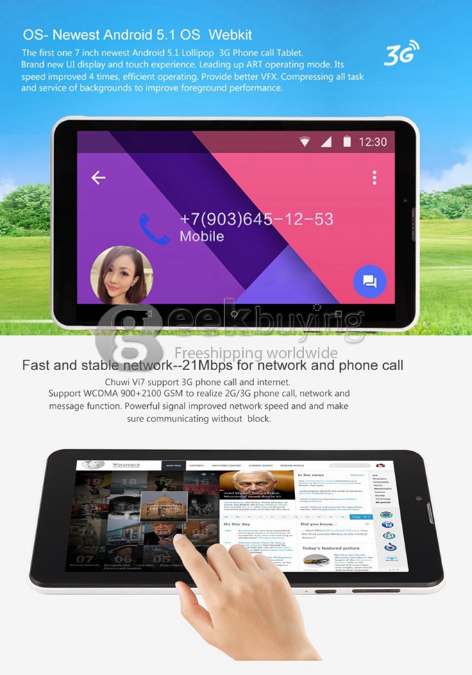 Chuwi Vi7 3G Phablet 7.0 Inch Android 5.1 Lollipop 1GB/8GB Intel Sofia AtomX3 3G-R Quad Core 1.2GHz IPS 1024*600 GPS - Black