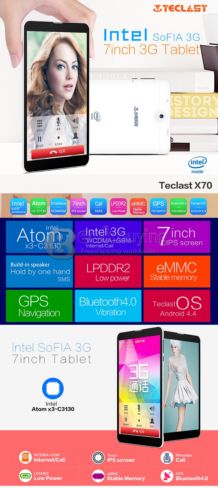 Teclast x70 3G 7 Inch Android 4.4 Phone Call Tablet PC 1GB/8GB SoFIA Atom x3-C3130 Phablet Dual Core IPS 1024x600 GPS OTG WiFi - White
