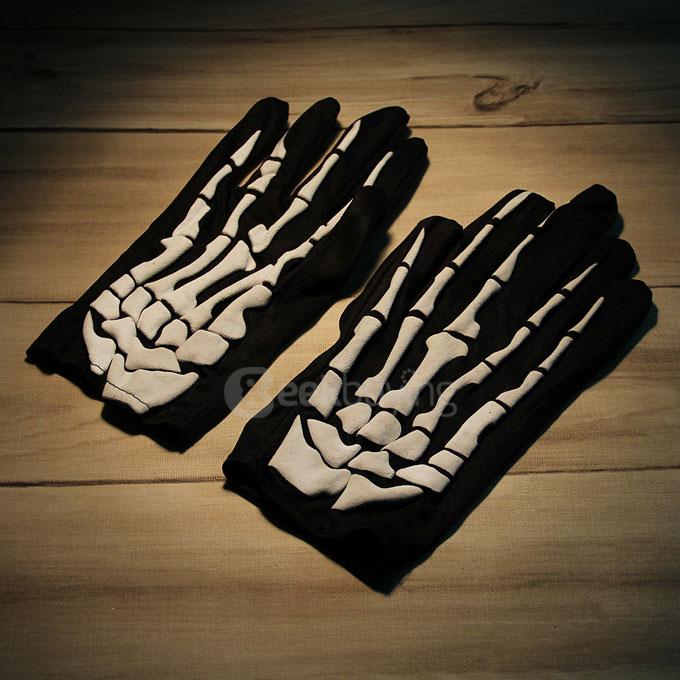 Adult Halloween Fancy Dress 3D Skeleton Bones Gloves - Black + White
