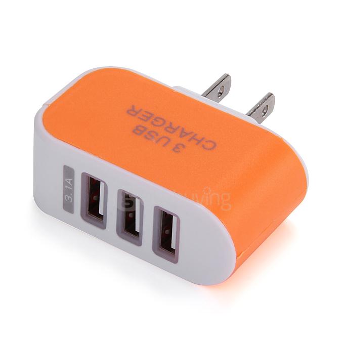 3 Ports USB AC Charger Adapter With LED US Plug - Orange
