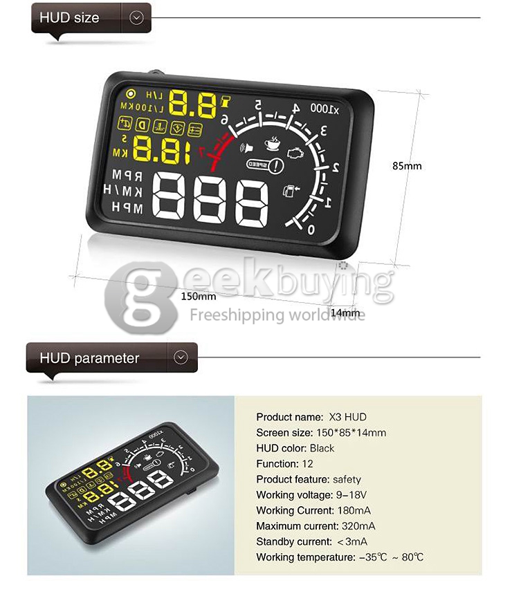 X3 5.5 Inch Car Head Up Display Car HUD Blutooth Connection  -  BLACK