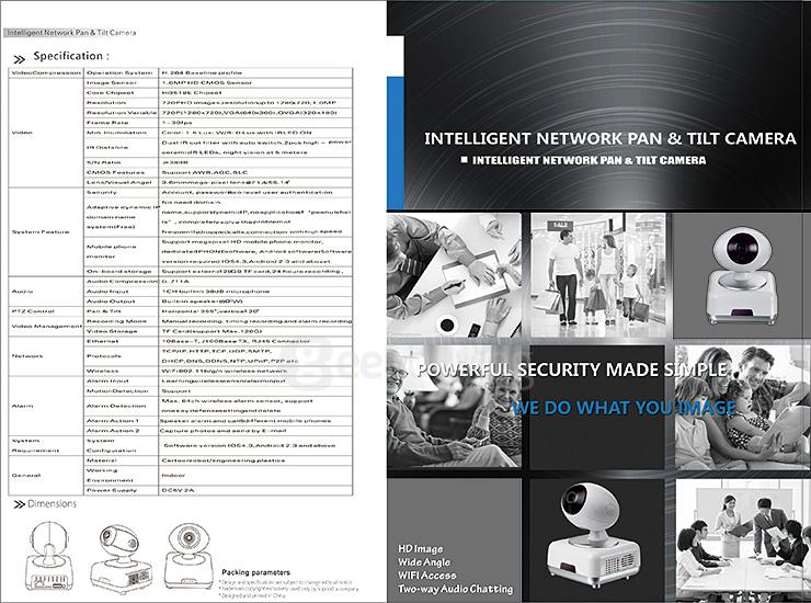 PT100C Intelligent Network Pan & Tilt WiFi Wireless Camera Smart Two-way Chatting 720P HD Webcam(EU Plug) - White