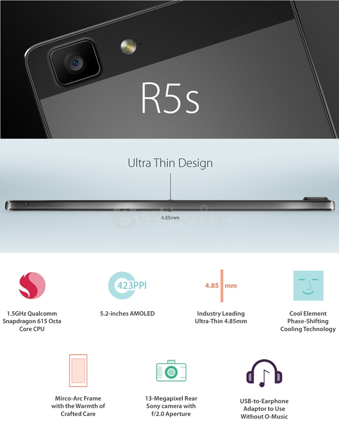 [HK Stock] OPPO R5s 5.2inch FHD 3GB 32GB LTE Smartphone Qualcomm Snapdragon 615 1.5GHz 13MP Sony Exmor IMX214 Camera VOOC Flash Charge ColorOS Slim Body - Gray