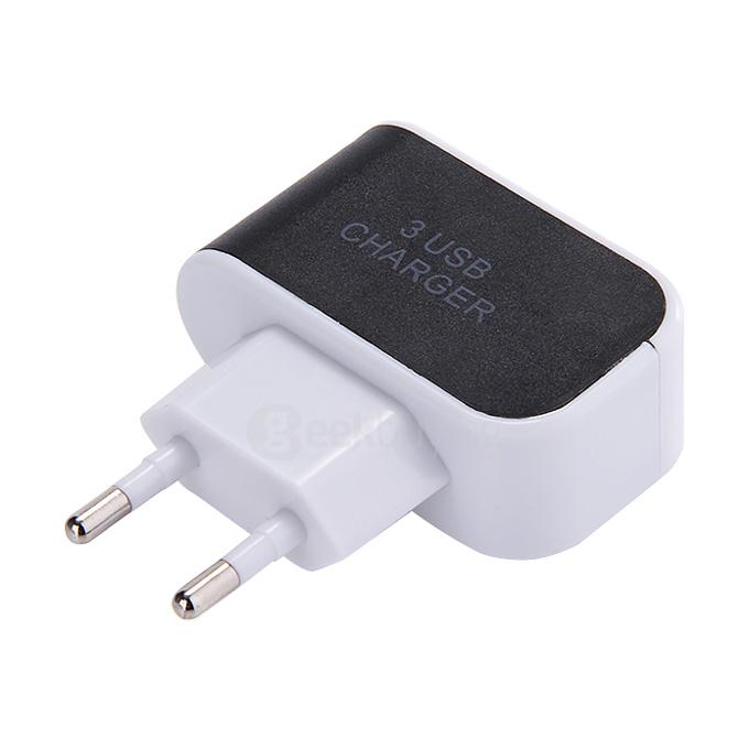 3 Ports USB AC Charger Adapter With LED EU Plug - Black