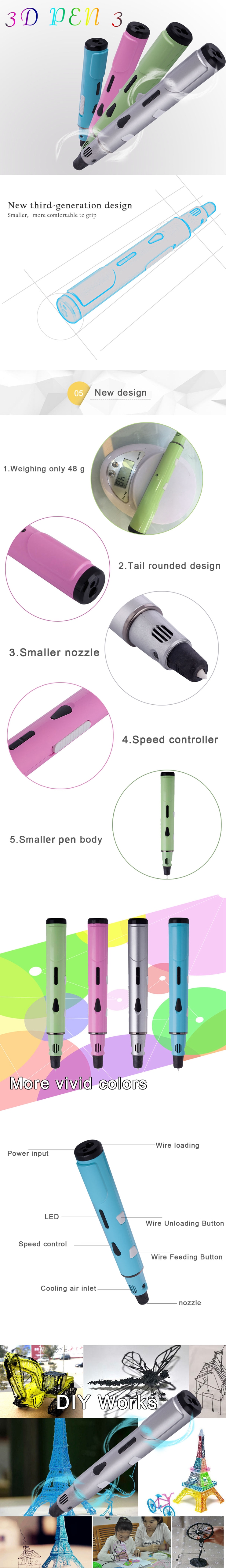 Original 3D Stereo Drawing Pen Gen III 0.4mm Nozzle For 3D Drawing Doodling US Plug - Silver