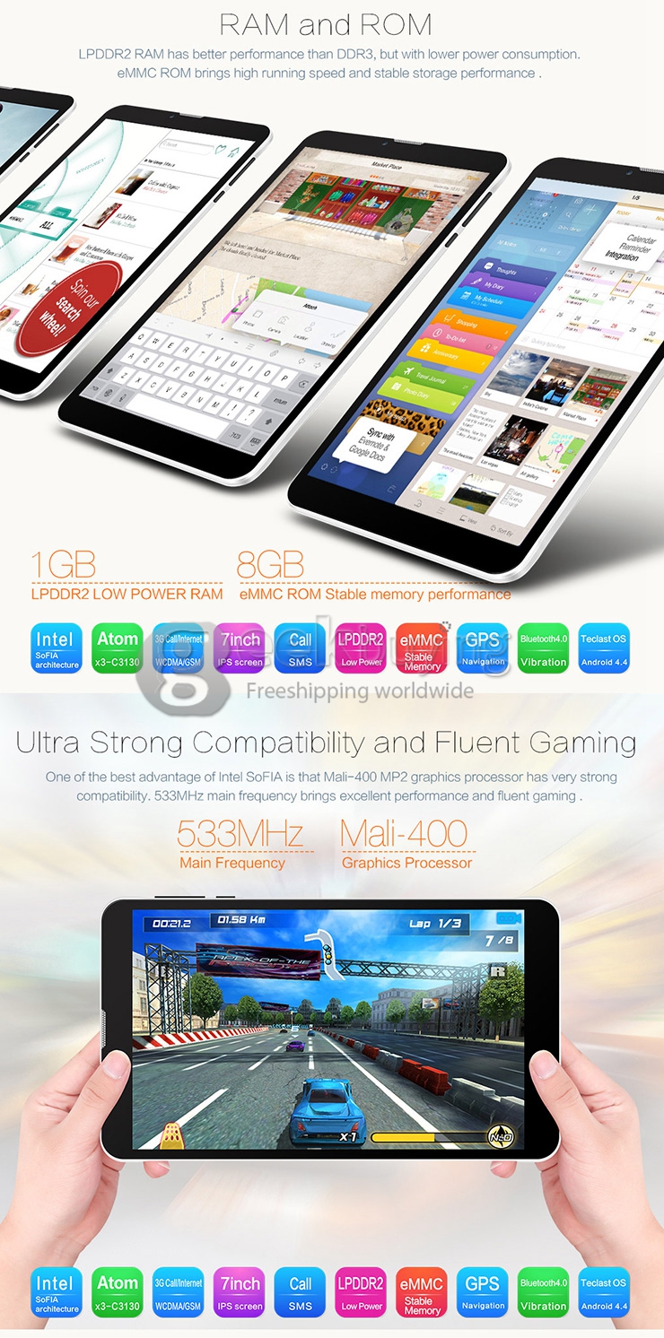 Teclast x70 3G 7 Inch Android 4.4 Phone Call Tablet PC 1GB/8GB SoFIA Atom x3-C3130 Phablet Dual Core IPS 1024x600 GPS OTG WiFi - White
