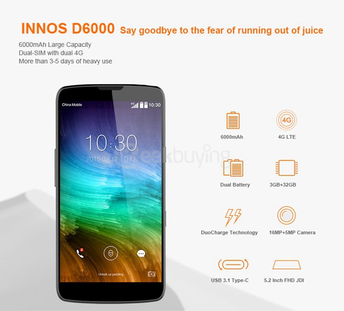 innos D6000 5.2 inch FHD Android 5.0 3GB 32GB 6000mAh Smartphone 64bit Qualcomm Snapdragon 615 Octa Core 16.0MP - Black
