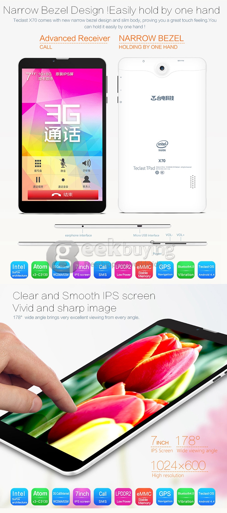 Teclast x70 3G 7 Inch Android 4.4 Phone Call Tablet PC 1GB/8GB SoFIA Atom x3-C3130 Phablet Dual Core IPS 1024x600 GPS OTG WiFi - White
