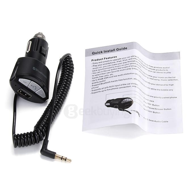 A2DP 3.5mm Car Hand-free Bluetooth AUX Stereo Audio Receiver Adapter USB Charger - Black