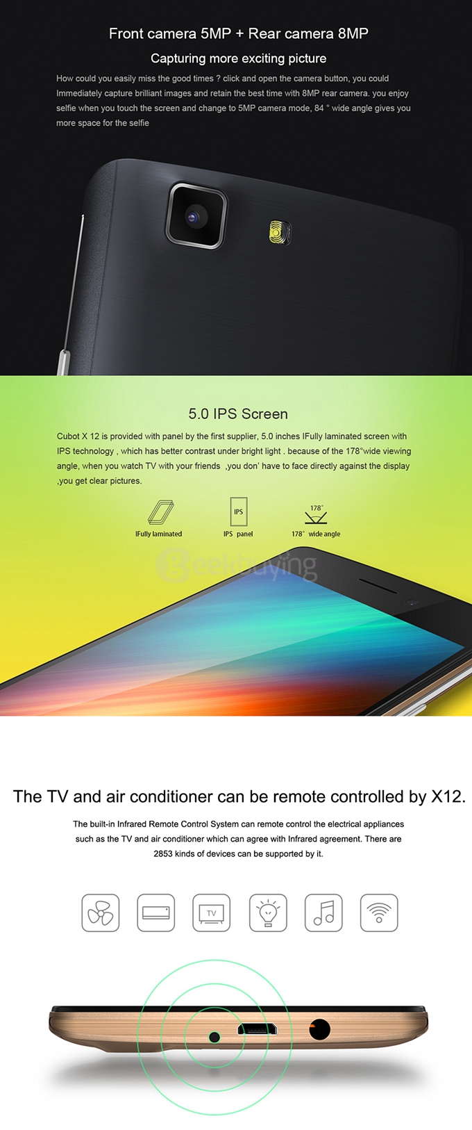 CUBOT X12 5.0inch 64 bit 4G FDD-LTE Android 5.1 Smartphone MTK6735 Quad Core 1GB RAM 8GB ROM 8.0MP IPS Miracast- Black