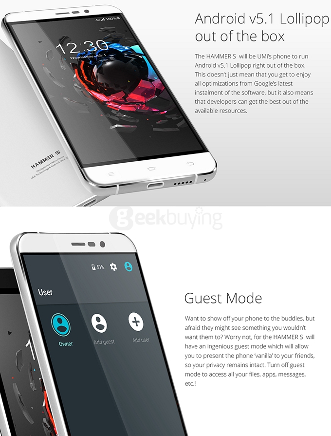 UMI HAMMER S 5.5inch HD 4G FDD-LTE Android 5.1 2GB 16GB Smartphone 64bit MT6735M Quad Core TOUCH ID Smart Wake - Black