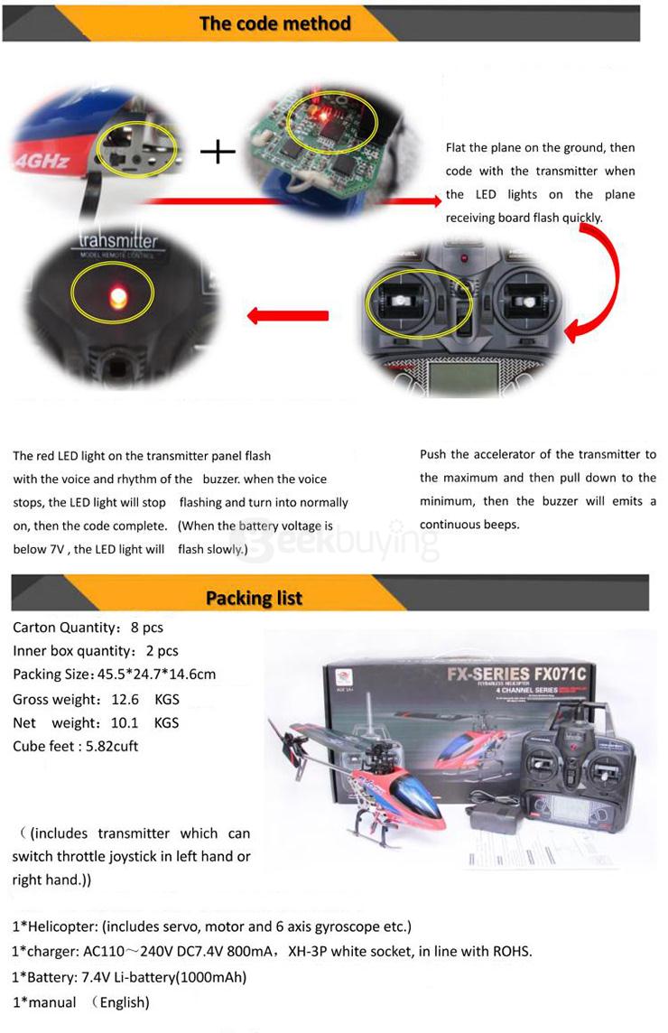 FX071C 2.4G 4CH 6-Axis Gyro Flybarless RC Helicopter