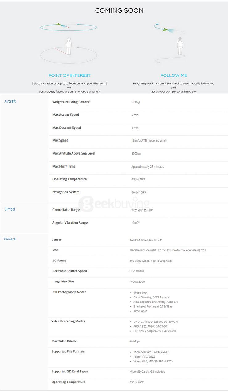 DJI Phantom 3 Standard FPV Quadcopter 12MP Camera Shoots 2.4K Video RC Drone RTF - White + Blue