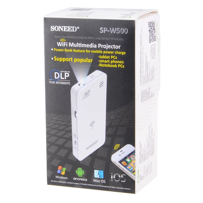 SONEED SP-W500 Wi-Fi Mini Multimedia DLP Projector Power Bank for iPhone / Samsung / HTC Smartphone Notebook PC - White