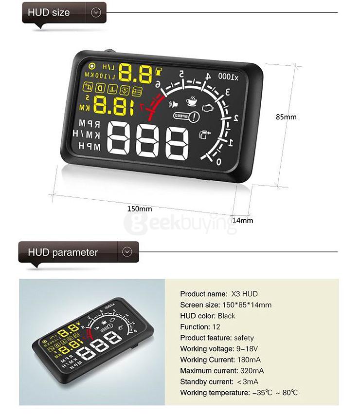 X3 5.5 Inch Car Head Up Display Car HUD Blutooth Connection  -  BLACK