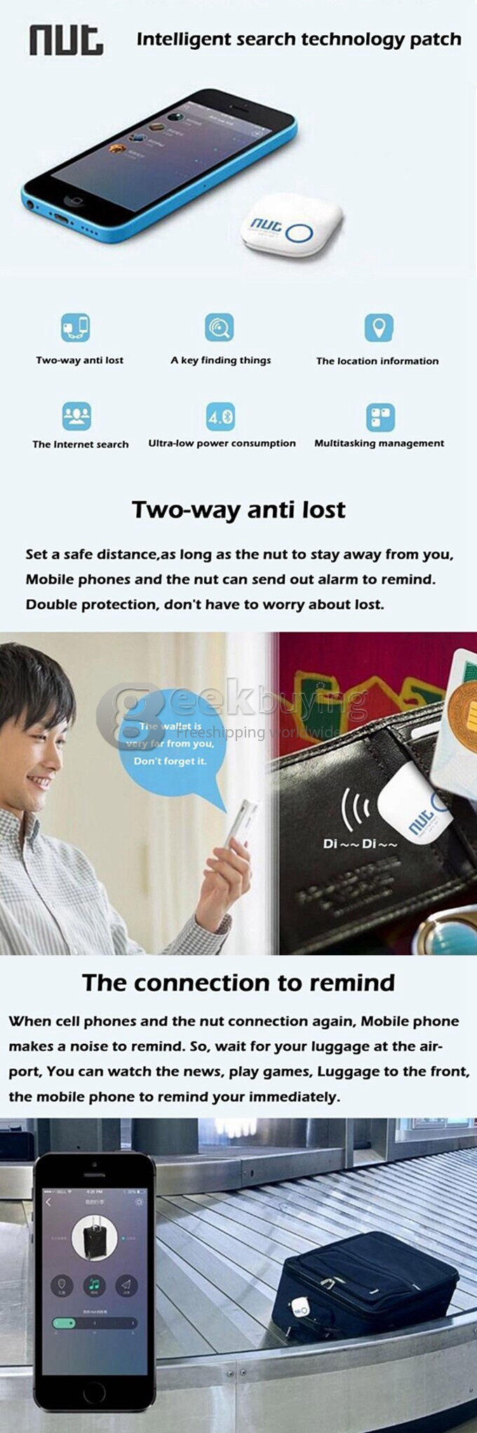 Nut 2 Intelligent Two-way Anti-Lost Tag Finder Smart Bluetooth Tracker Child Bag Wallet Key Finder GPS Locator Sensor Alarm - White