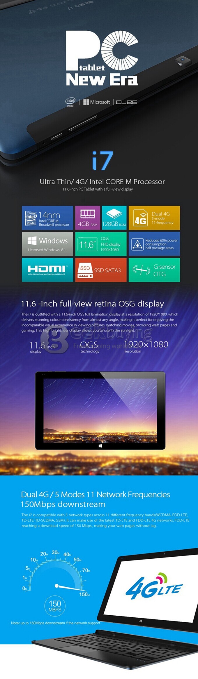 CUBE i7 4G Windows8.1 4GB/128GB 11.6 Inch Tablet PC Intel Core-M Dual Core 2.0GHz 1920*1080 New Era Licensed Windows PC - Black+Blue