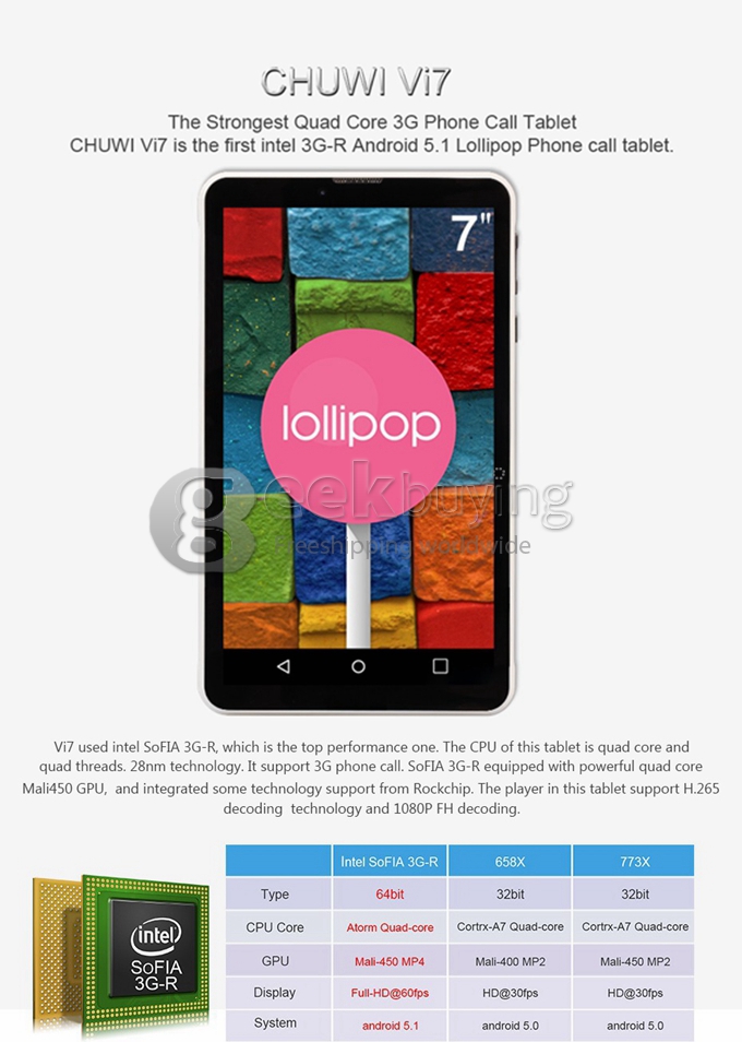 Chuwi Vi7 3G Phablet 7.0 Inch Android 5.1 Lollipop 1GB/8GB Intel Sofia AtomX3 3G-R Quad Core 1.2GHz IPS 1024*600 GPS - Black