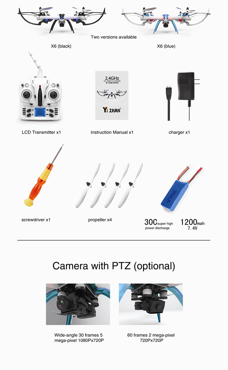 JJRC H16 Tarantula X6 Wide Angle 3D Stunt Quadcopter With IOC 1200mAh Battery Without Camera - Blue & white