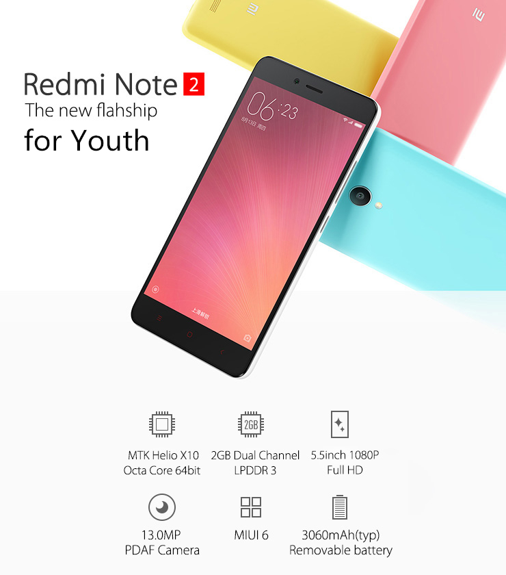 Xiaomi Redmi Note 2 Standard 4G Smartphone 5.5 Inch FHD Screen 2GB 16GB 64bit Helio X10 Octa Core 3060mAh 13.0MP - White