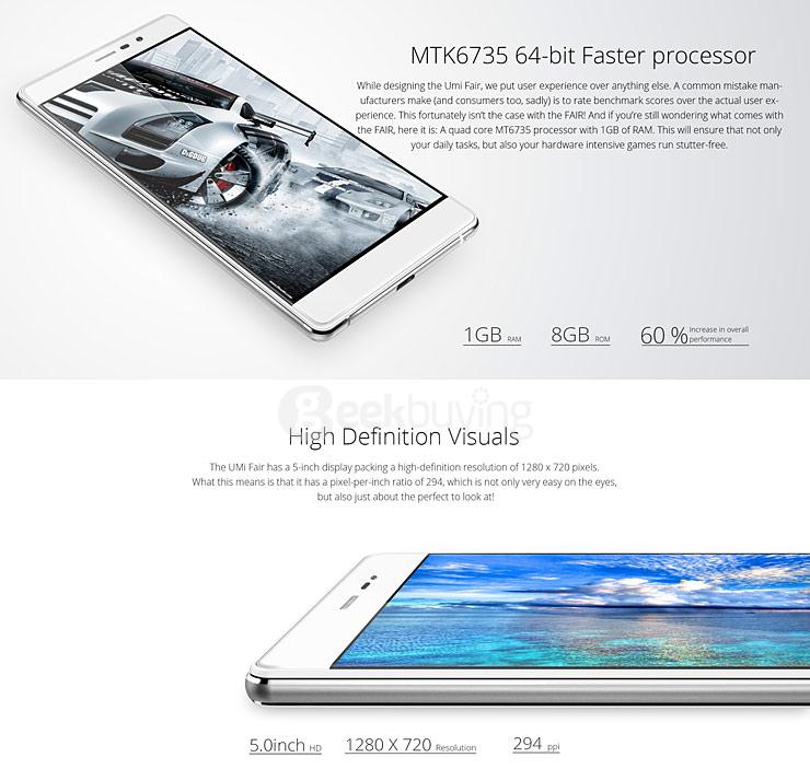 UMI Fair 5.0inch HD 4G FDD-LTE Android 5.1 1GB 8GB Smartphone 64bit MT6735 Quad Core TOUCH ID 13.0MP Camera - White