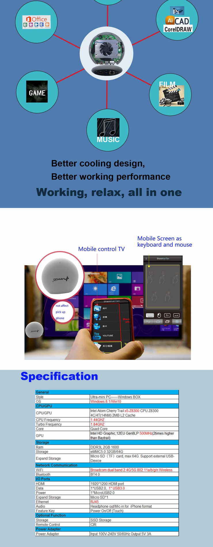 MEEGOPAD T04 Windows 10 Ultra MINI PC Cherry Trail Z8300 Quad Core 2.4G/5G Dual Band WIFI LAN Bluetooth 4.0 2G/32G HDMI