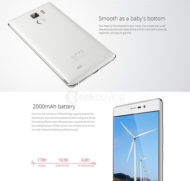 UMI Fair 5.0inch HD 4G FDD-LTE Android 5.1 1GB 8GB Smartphone 64bit MT6735 Quad Core TOUCH ID 13.0MP Camera - White
