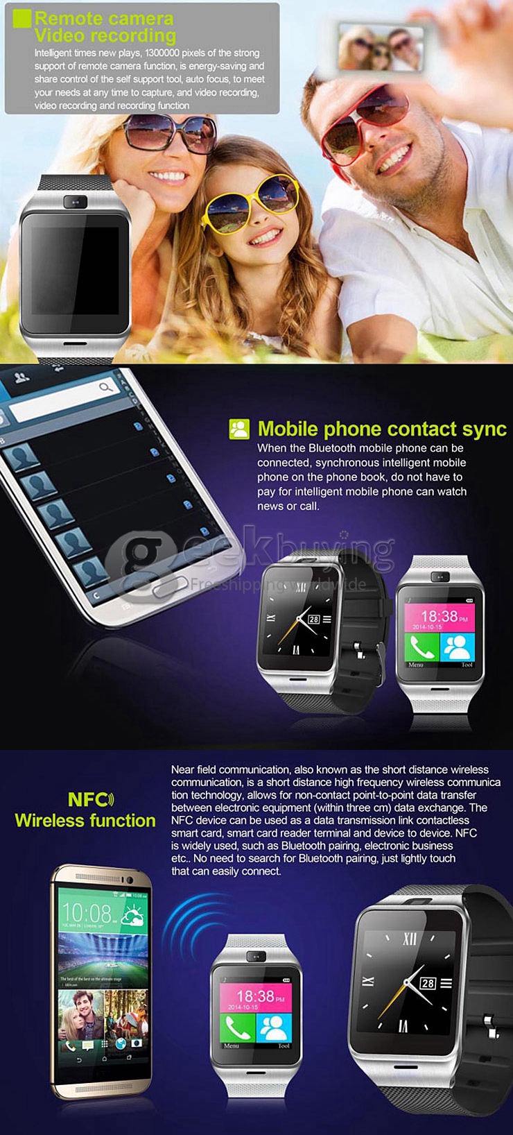 GV18 Aplus Smart Bluetooth WristWatch Watch Phone Supporting NFC/SIM Card with Camera - Black