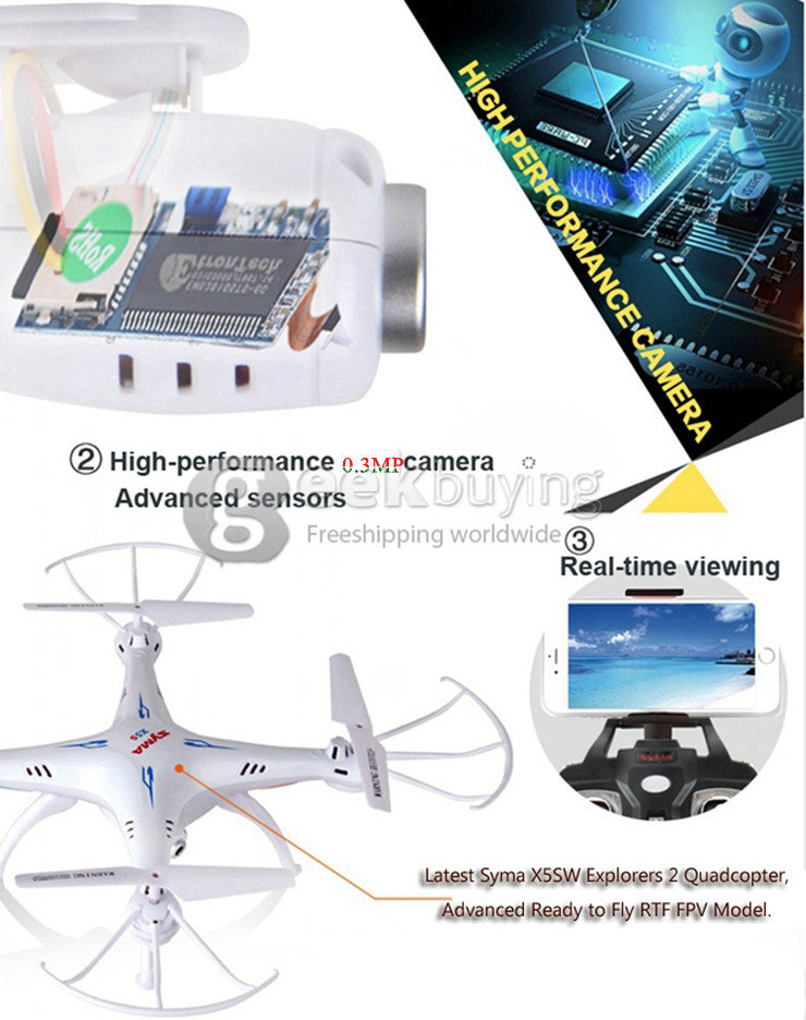 Syma X5SW Explorers 2 Wifi Headless Mode FPV RC Quadcopter 0.3MP Camera 2.4GHz 6-axis 360 Degree Eversion RTF - White