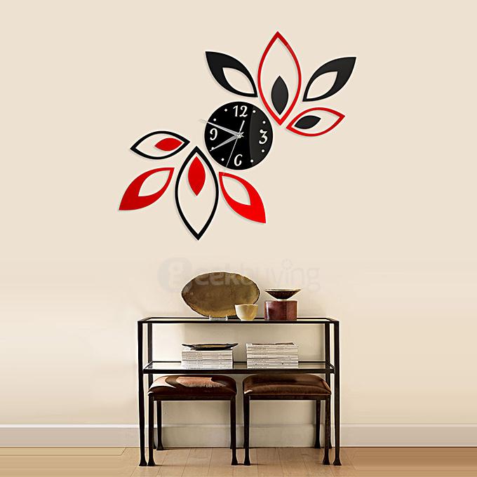 Fashion Home Decal Art Mural Lotus DIY 3D Acrylic Mirror Sticker Wall Clock - Red + Black