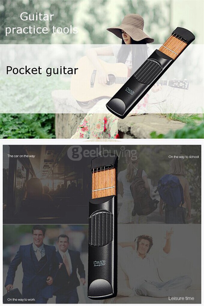 Portable Pocket Guitar Acoustic Guitar Practice Tool Gadget 6 Steel Strings 4 Fret Model with 2 Picks for Beginner - Black