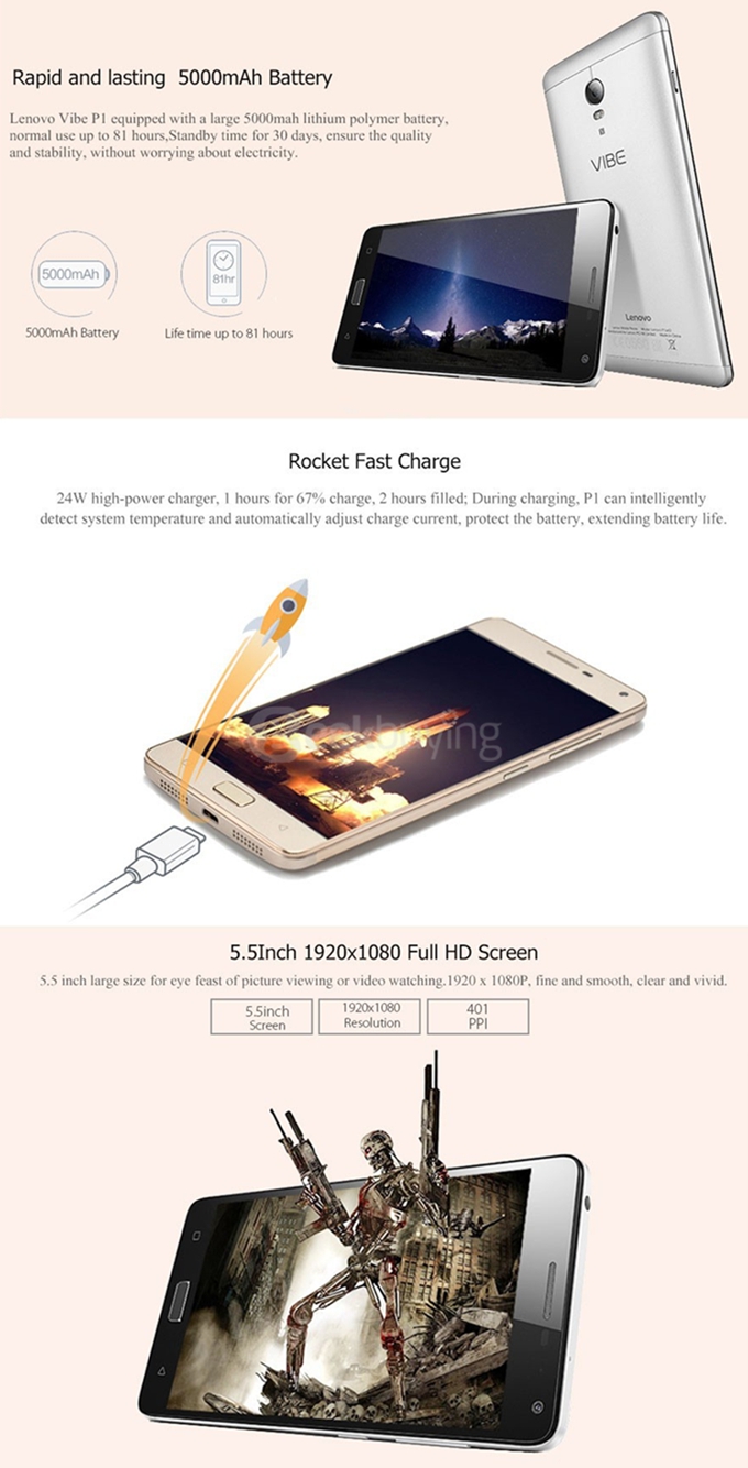 Lenovo Vibe P1 Pro 5.5inch FHD Android 5.1 3GB 16GB 5000mAh Smartphone 64bit Qualcomm Snapdragon 615 Octa Core 13.0MP - Gold