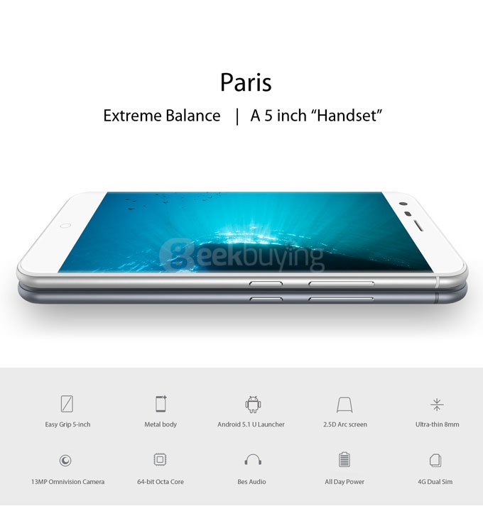 Ulefone Paris 5inch Android 5.1 2GB 16GB 4G Smartphone 64Bit MTK6753 Octa Core 13.0MP OTG Miracast Hotknot Gorilla 3 - Black