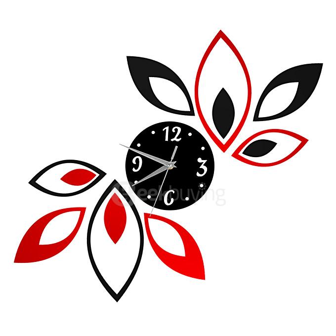 Fashion Home Decal Art Mural Lotus DIY 3D Acrylic Mirror Sticker Wall Clock - Red + Black
