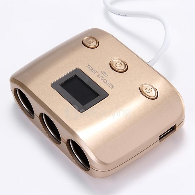 4 In1 Car Cigarette Lighter Splitter with Three Sockets Dual USB Interface  -  Golden