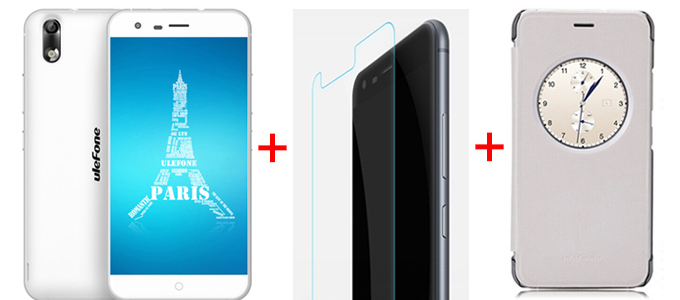 (Package B) Ulefone Paris 5inch Android 5.1 2GB 16GB 4G Smartphone(White) + Tempered Glass Screen Portector + Leather Case(White)