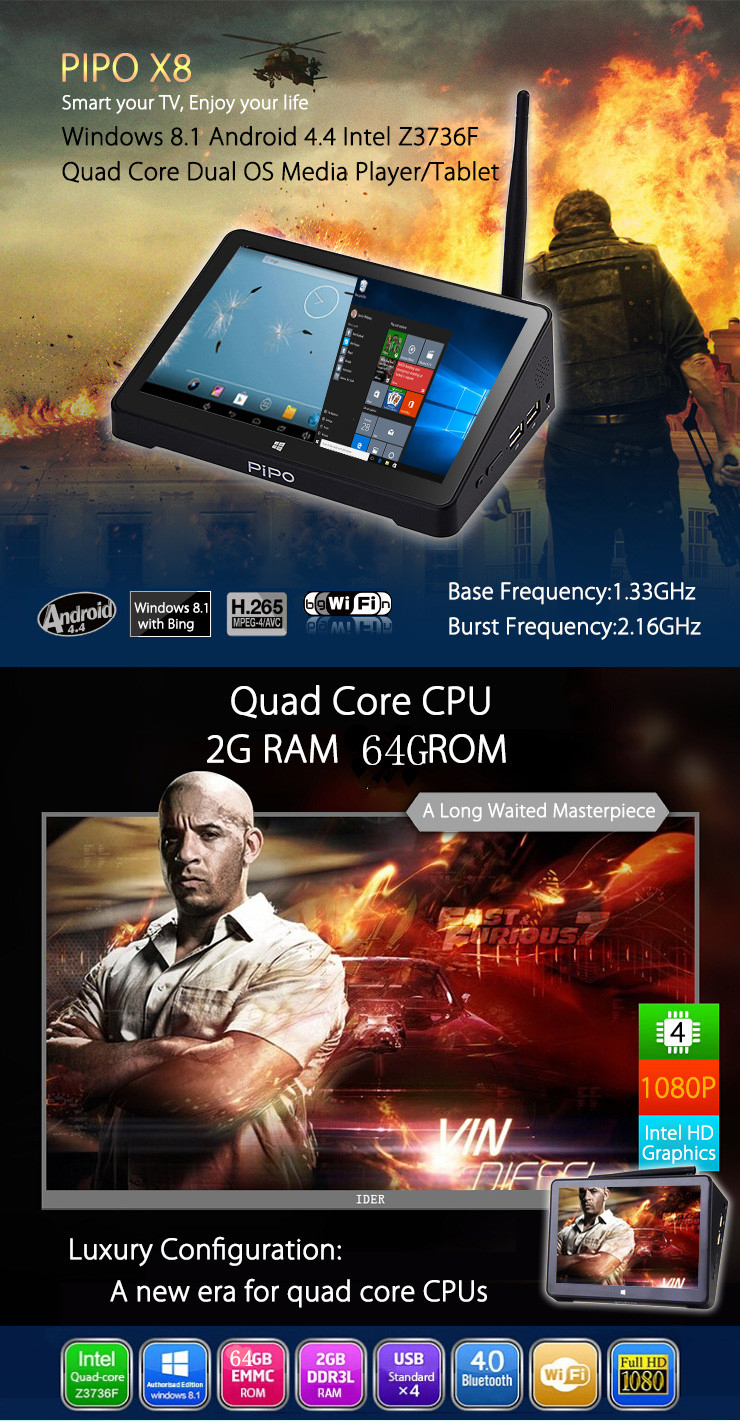 PIPO X8 2G/32G Dual Boot Windows10 Android4.4 Mini PC 7