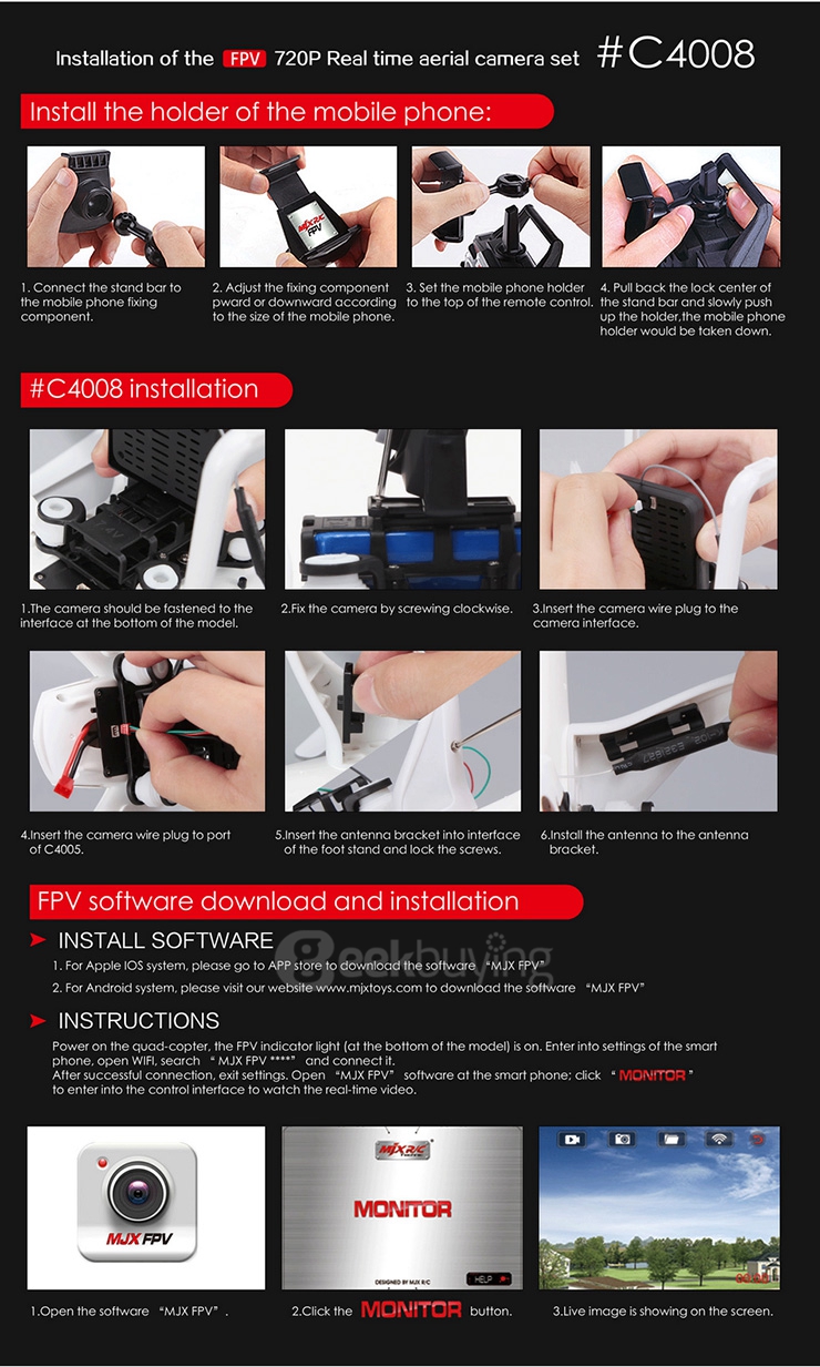 MJX C4008 720P Real Time Aerial FPV Camera Set Fitting for MJX X101/X102/X103/X104/X600/A1/A2/A3/A4 - Black