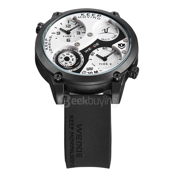 WEIDE UV1505 Trendy 3ATM Waterproof Electronic Men Quartz Sport Watch PU Strap Alloy Shell Dual Time Zones with Compass - White+Black