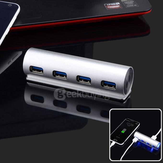 Aluminum USB 3.0 HUB 4 Ports Adapter with LED Indicator for PC Computer Laptop - Silver
